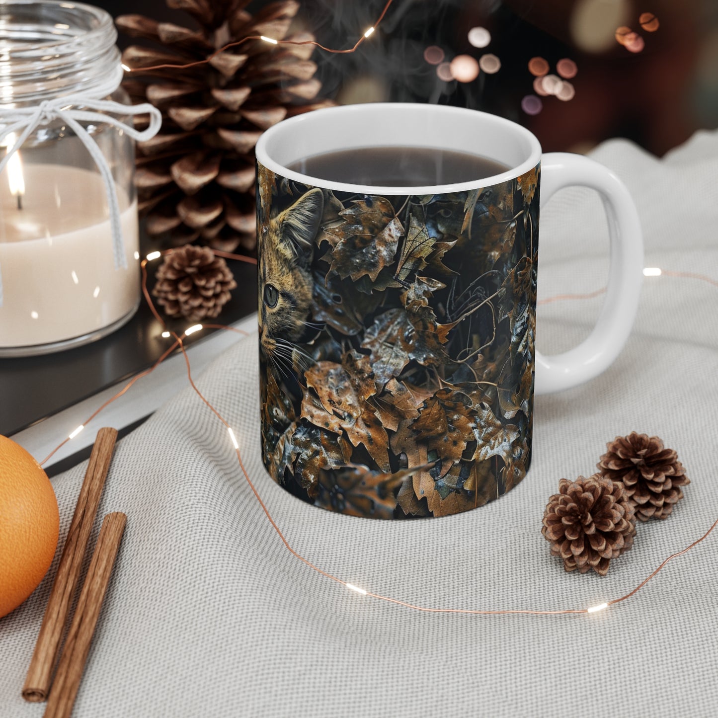 Camouflage Kitty Coffee Mug: Autumn Whiskers Edition