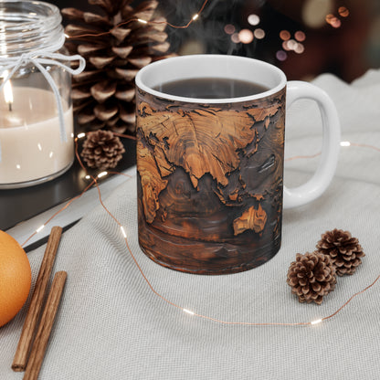 Carved Earth Coffee Mug: World Map Woodwork