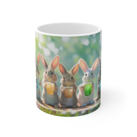 Charming Picnic: Bunnies Enjoying Colorful Drinks Mug - Perfect for Animal Lovers, Microwave & Dishwasher Safe