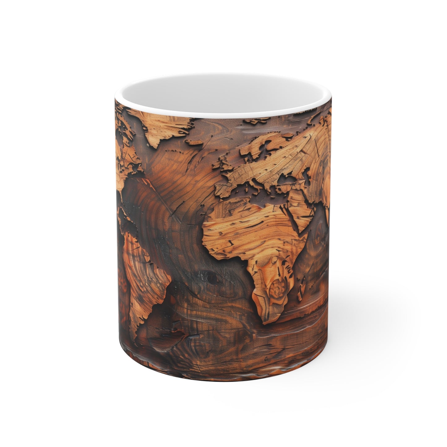 Carved Earth Coffee Mug: World Map Woodwork