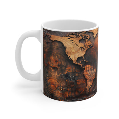 Carved Earth Coffee Mug: World Map Woodwork