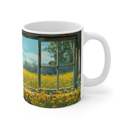 Sunny Days: Window View of Yellow Flower Field Mug - Perfect for Nature Lovers