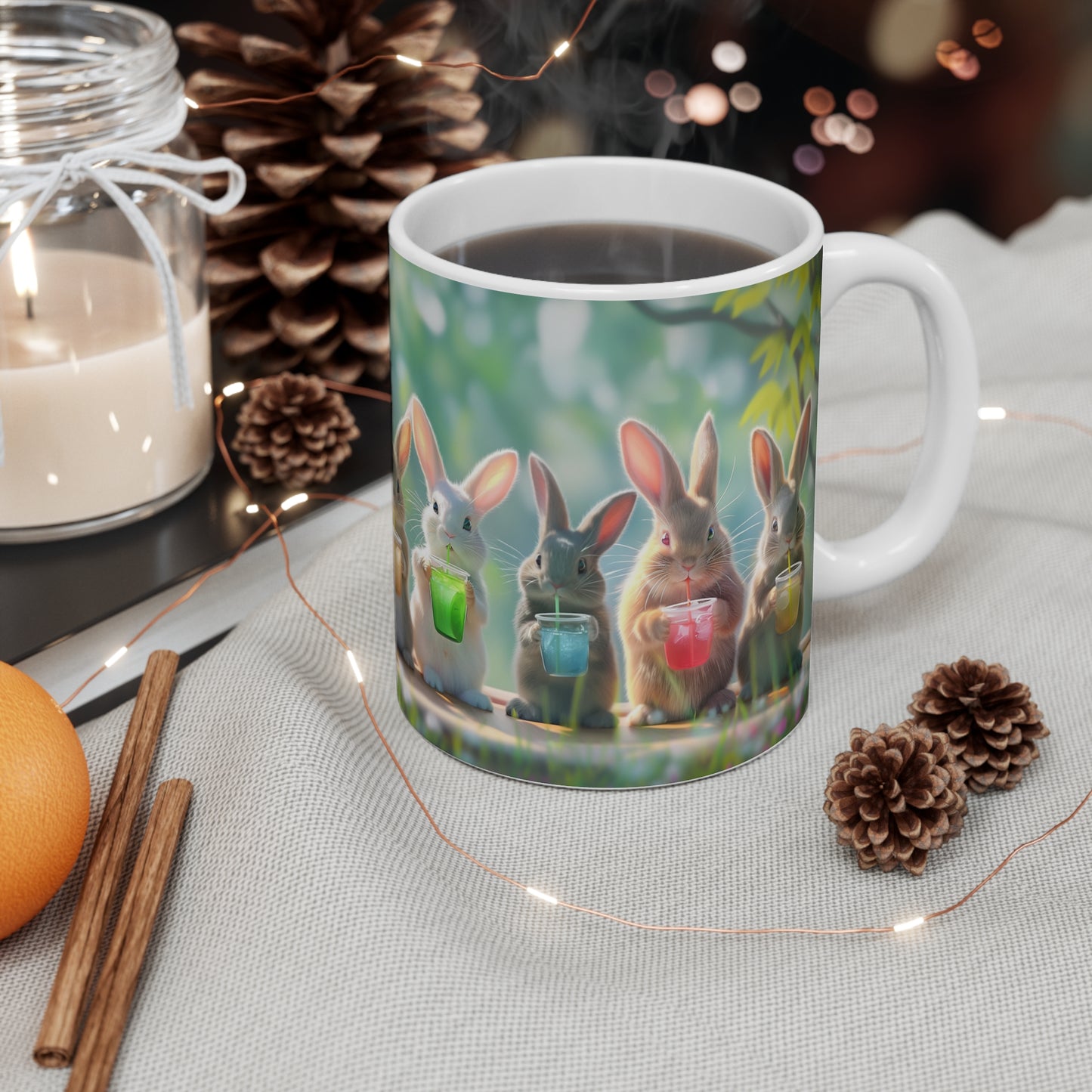 Charming Picnic: Bunnies Enjoying Colorful Drinks Mug - Perfect for Animal Lovers, Microwave & Dishwasher Safe