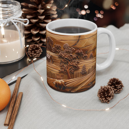 Rustic Farmhouse: Carved Wooden Landscape Mug - Perfect for Nature Lovers