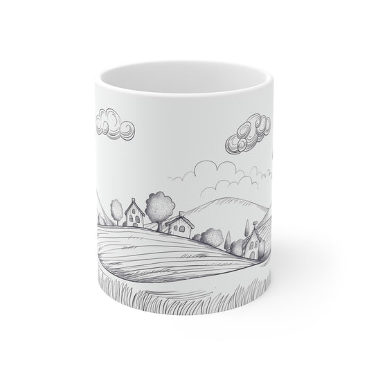 Rustic Sketch Valley Mug: Countryside Contour | Coffee Cup Simplistic Minimalistic