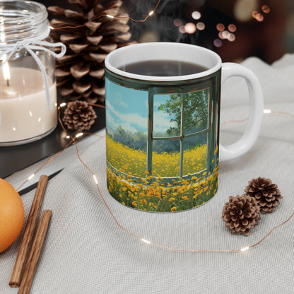 Sunny Days: Window View of Yellow Flower Field Mug - Perfect for Nature Lovers