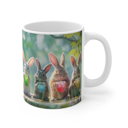 Charming Picnic: Bunnies Enjoying Colorful Drinks Mug - Perfect for Animal Lovers, Microwave & Dishwasher Safe