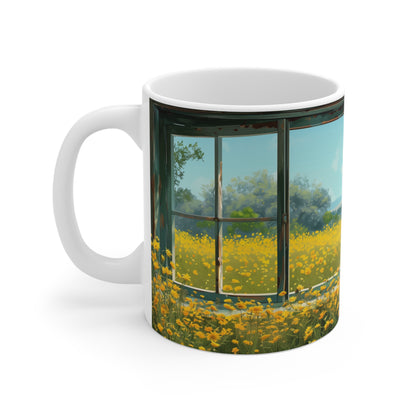 Sunny Days: Window View of Yellow Flower Field Mug - Perfect for Nature Lovers