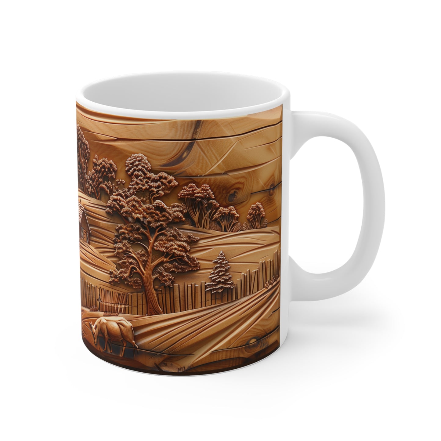 Rustic Farmhouse: Carved Wooden Landscape Mug - Perfect for Nature Lovers