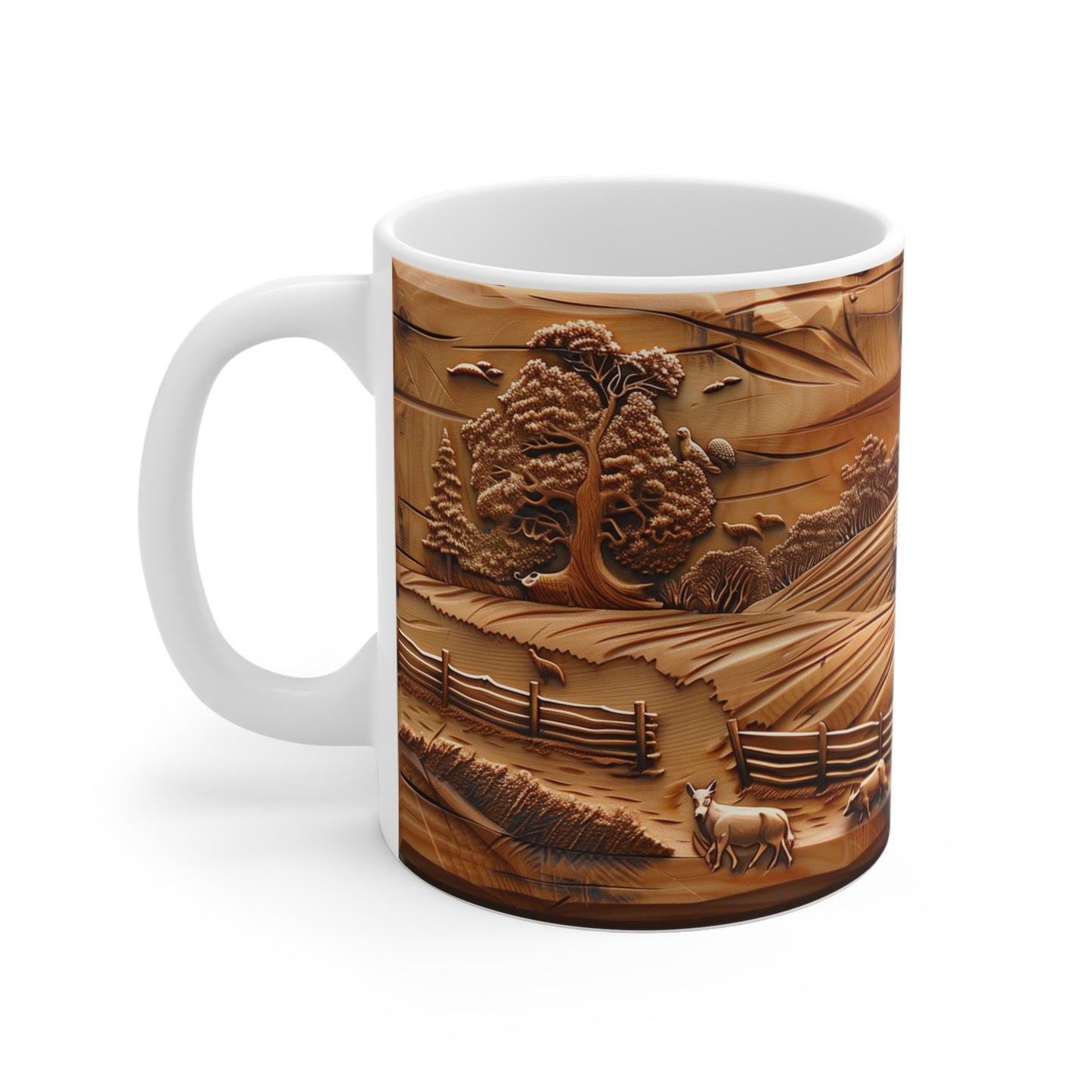 Rustic Farmhouse: Carved Wooden Landscape Mug - Perfect for Nature Lovers