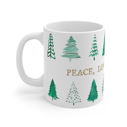 Peace, Love, and Coffee Mug | Simplistic Design with trees. Microwave and dishwasher safe.