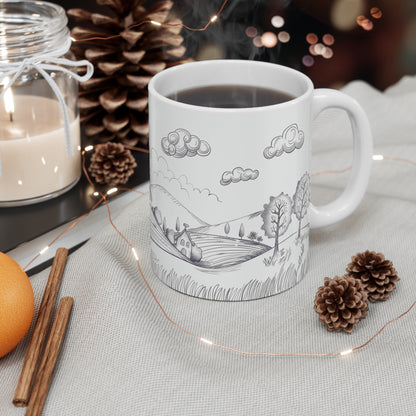 Rustic Sketch Valley Mug: Countryside Contour | Coffee Cup Simplistic Minimalistic