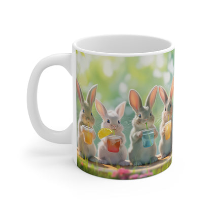 Charming Picnic: Bunnies Enjoying Colorful Drinks Mug - Perfect for Animal Lovers, Microwave & Dishwasher Safe