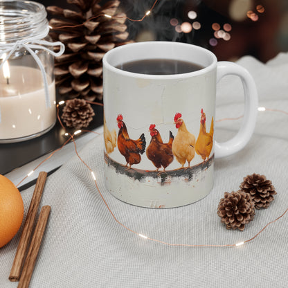 Country Charm: Chicken Row Mug - Rustic Farmhouse Style, Perfect Gift for Animal Lovers