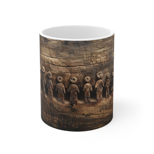 Ancient Lineage Coffee Cup: Tribal Wood Carving Legacy