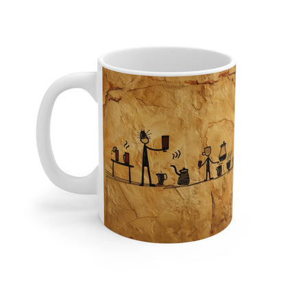 Caffeine Chronicles Mug: The First Coffee Stand Caveman Art