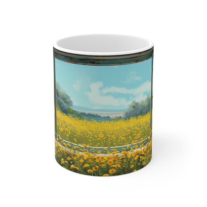 Sunny Days: Window View of Yellow Flower Field Mug - Perfect for Nature Lovers