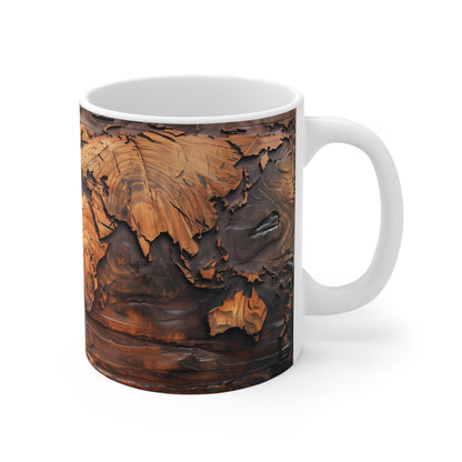 Carved Earth Coffee Mug: World Map Woodwork