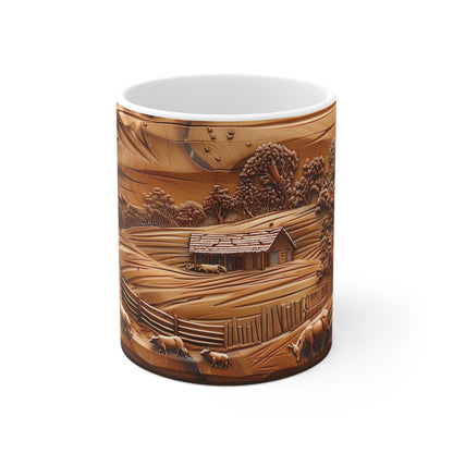 Rustic Farmhouse: Carved Wooden Landscape Mug - Perfect for Nature Lovers